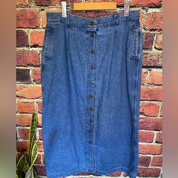 Vintage Tanjay A-Line Button Up Midi Flowy Jean Denim Skirt with Pockets Size L - Picture 1 of 11
